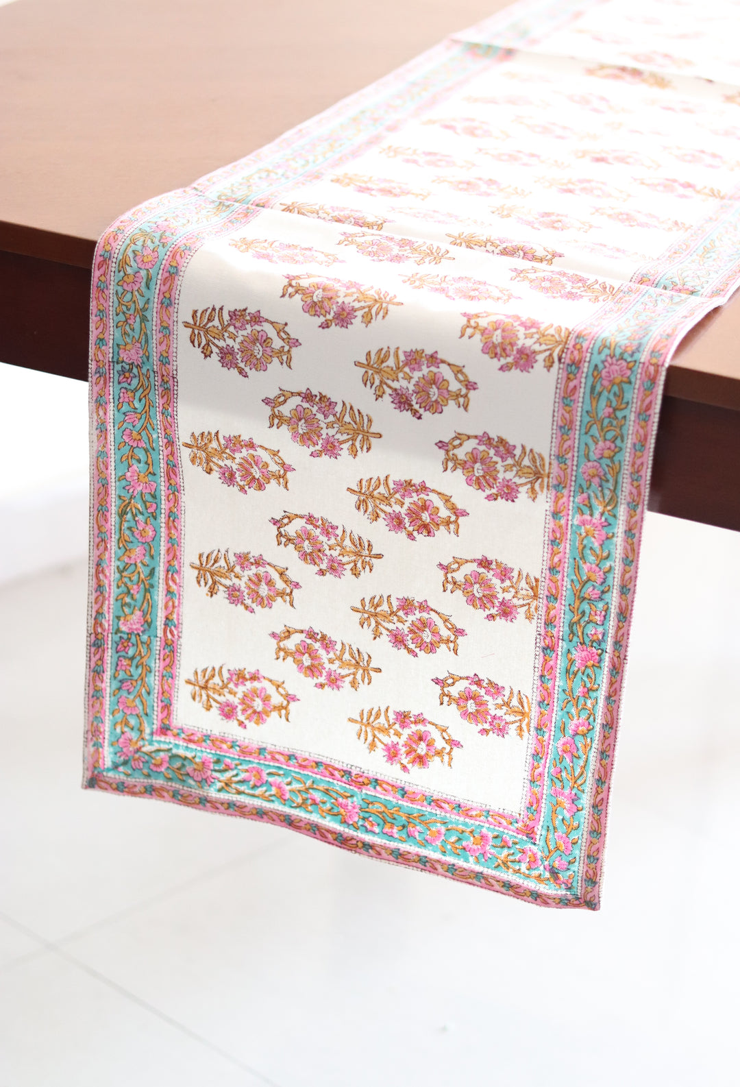 Pink floral runner - block print table runner - Pink and turquoise table runner - 14x72 inches