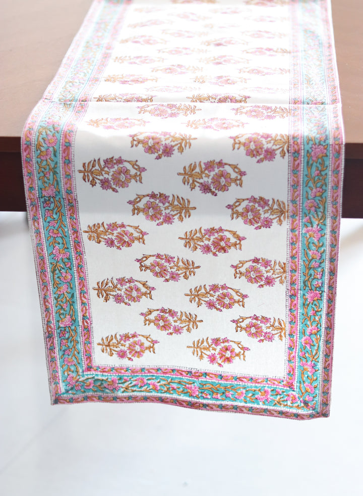 Pink floral runner - block print table runner - Pink and turquoise table runner - 14x72 inches