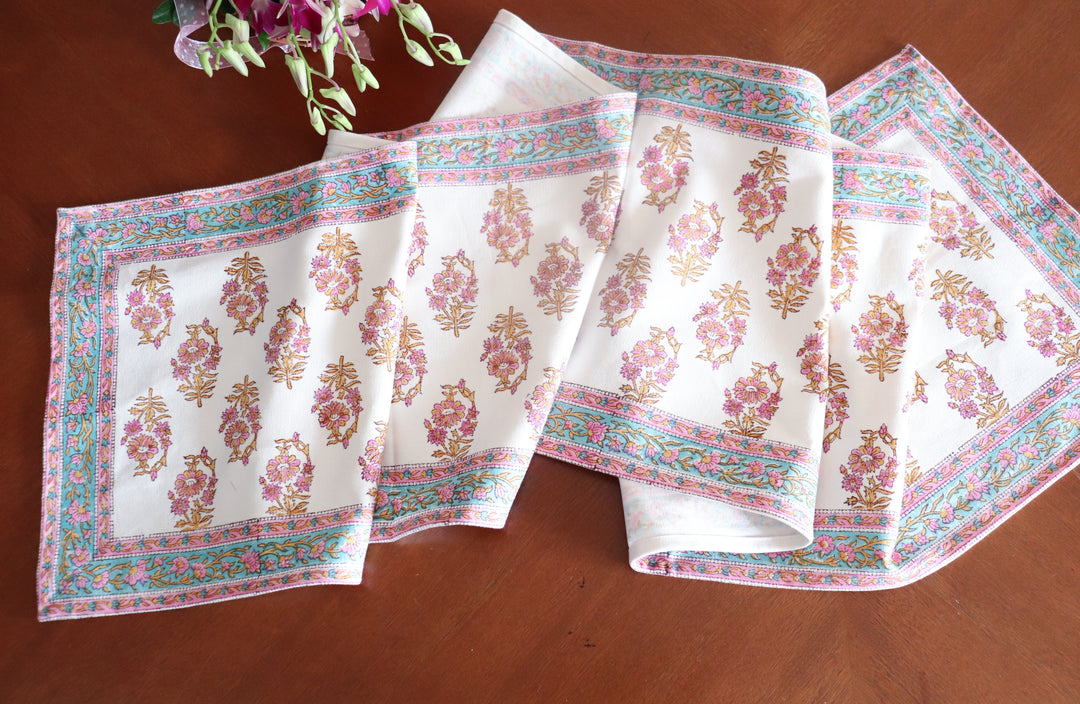 Pink floral runner - block print table runner - Pink and turquoise table runner - 14x72 inches