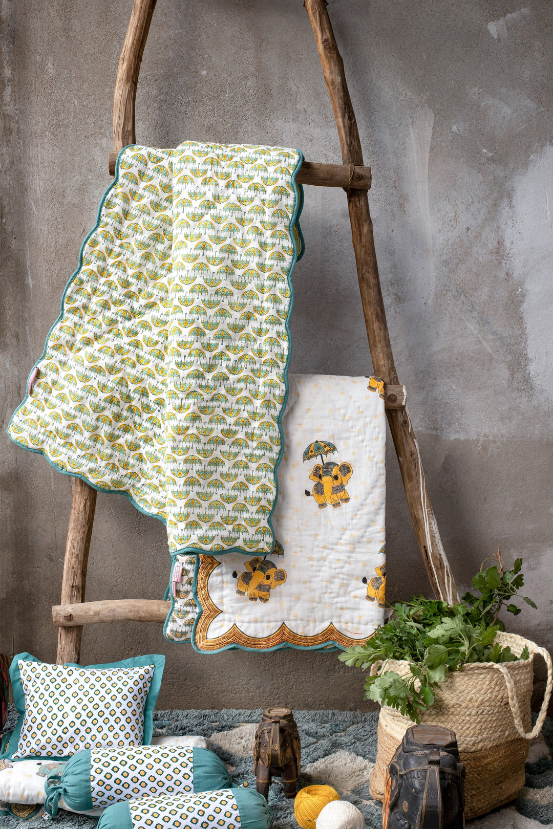 Elephant block print quilt -Blue Gajah quilt