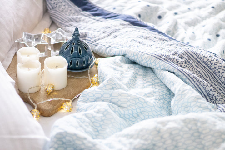 Light blue and dark blue geometric AC quilt - Single, queen & king sizes