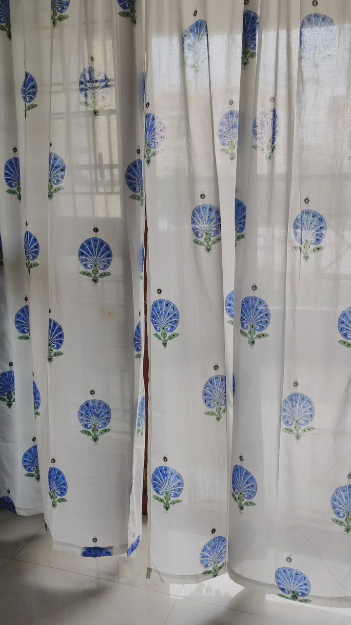 Blue Carnations curtain - sheer curtains - Cotton mul curtains