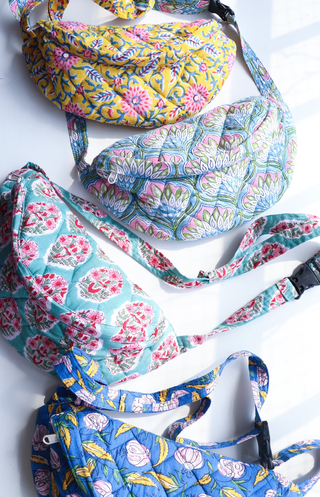 Block print belt bags