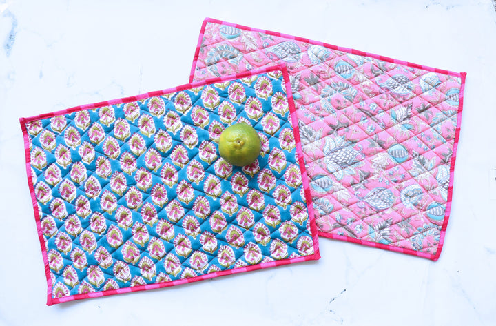 Set of 2 Block print Quilted placemats - Reversible Table mats - 13x19 inches - Teal and Pink