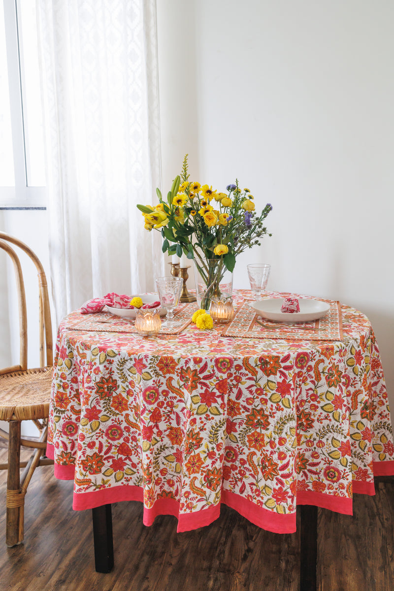 Orange Blossom Round tablecloth - 6 seater round block print table cloth -  74 inches