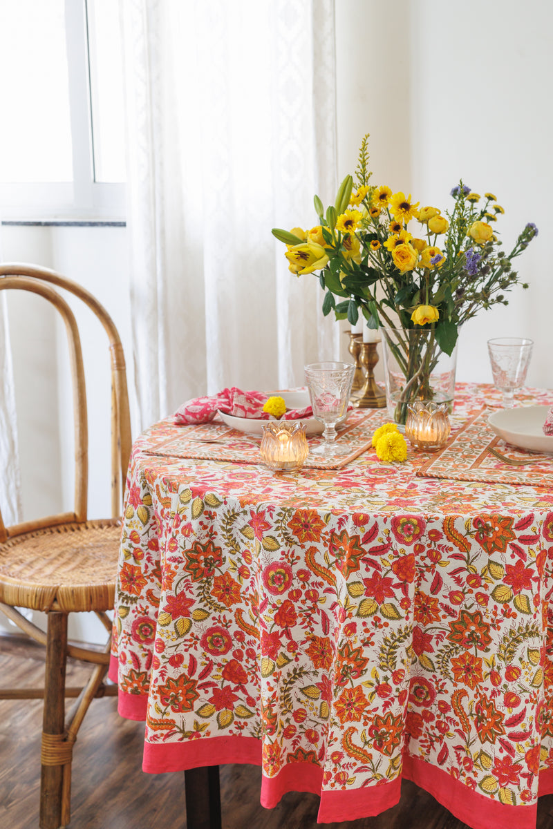 Orange Blossom Round tablecloth - 6 seater round block print table cloth -  74 inches