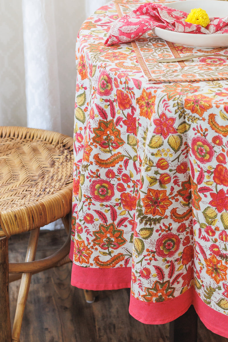 Orange Blossom Round tablecloth - 6 seater round block print table cloth -  74 inches