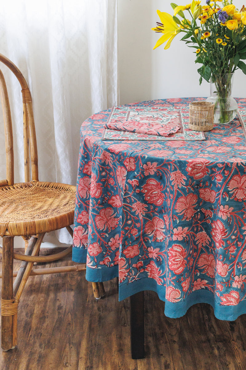 Blushing Bloom Round tablecloth - 6 seater round block print table cloth -  74 inches