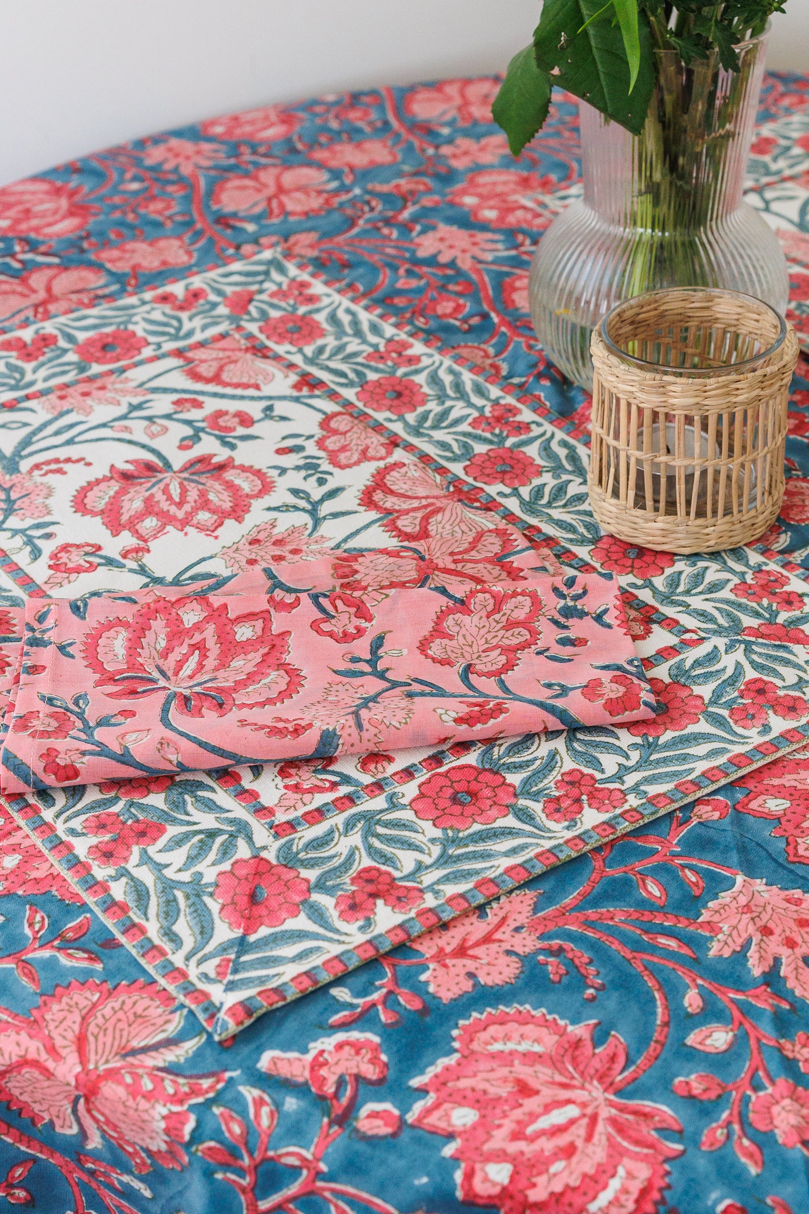 Blushing Bloom pink floral block print cotton dinner napkins set of 6, handmade by Kari by Kriti
