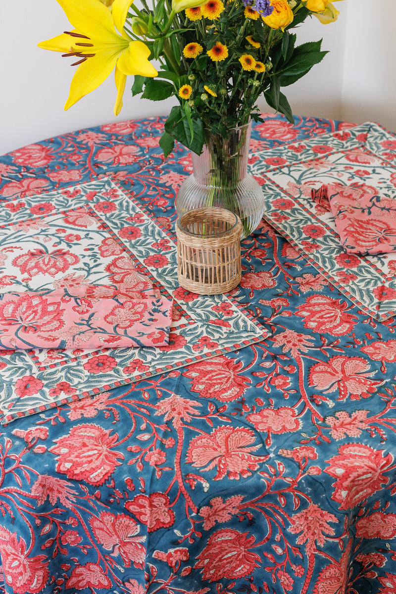 Blushing Bloom tablecloth - 6 seater block print table cover - 60x90 inches