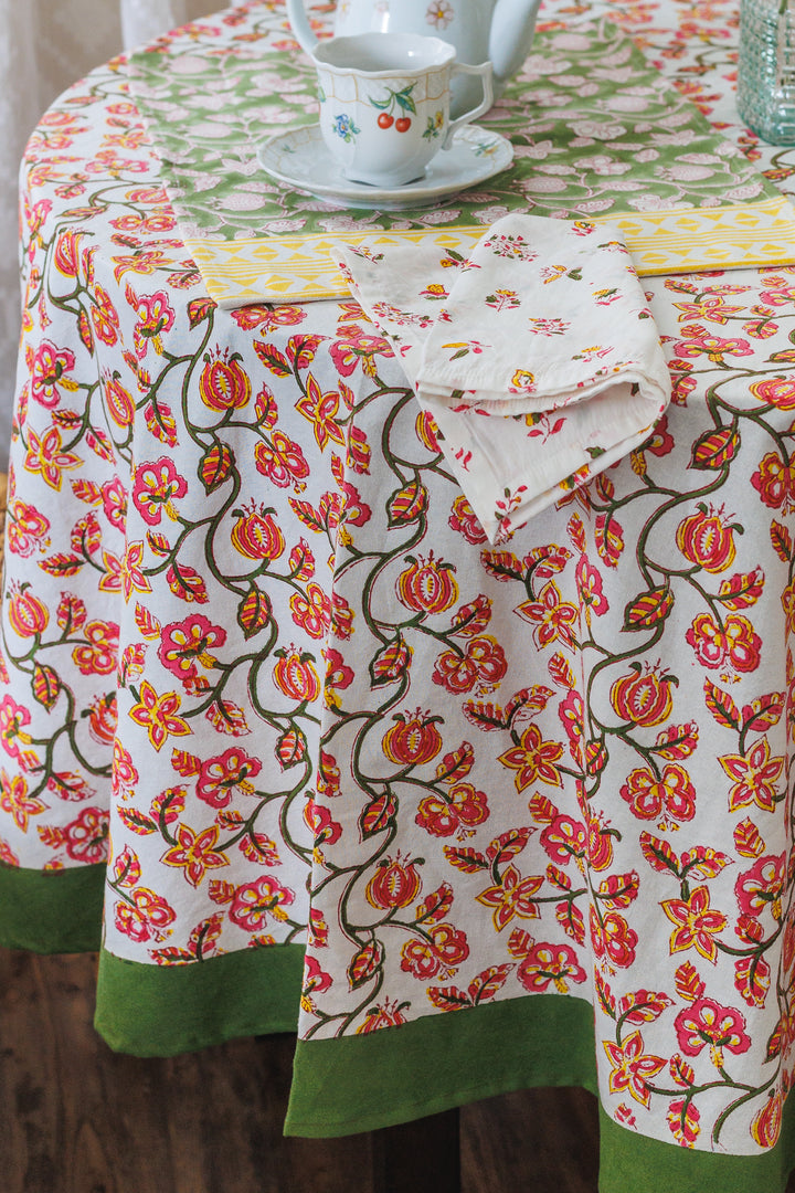 Festive Pomegranate Round tablecloth - 6 seater round block print table cloth -  74 inches