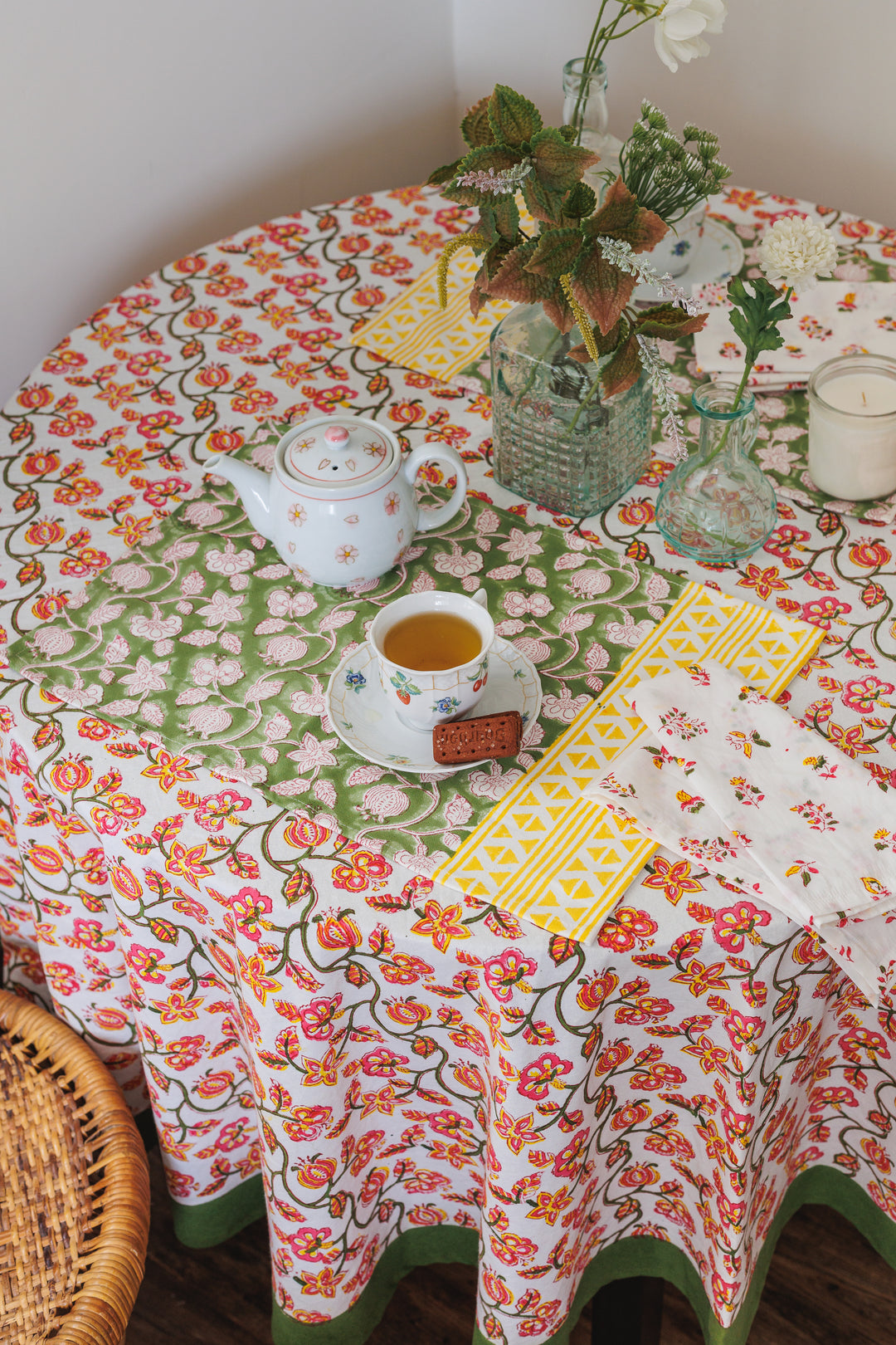 Festive Pomegranate Round tablecloth - 6 seater round block print table cloth -  74 inches