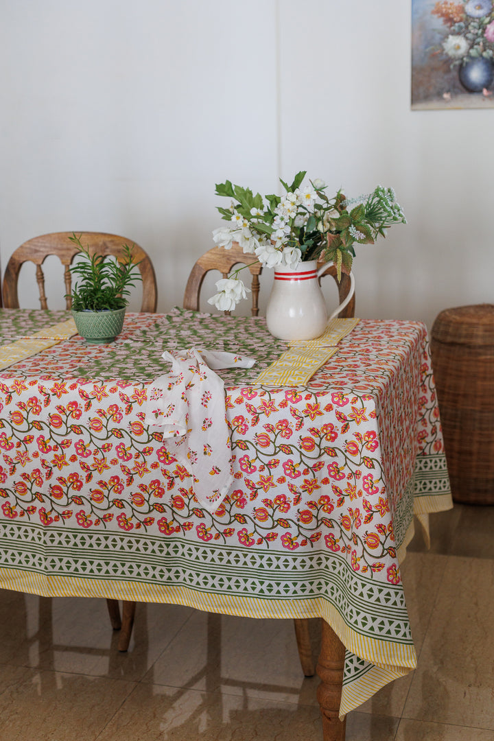 Pink Pomegranate tablecloth - 6 seater block print table cover - 60x90 inches