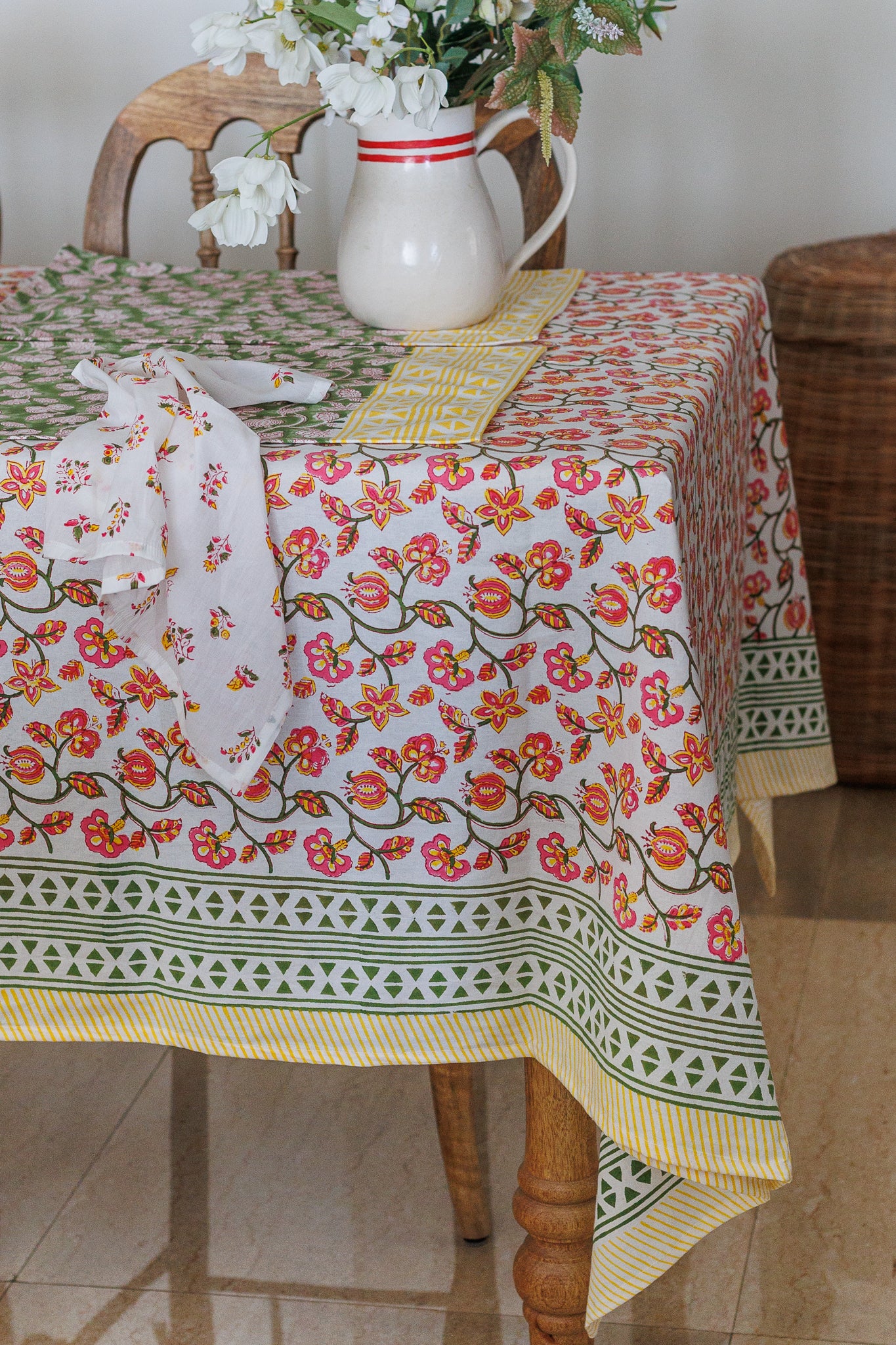 Pink Pomegranate tablecloth - 8 seater block print table cover - 60x120 inches - back view