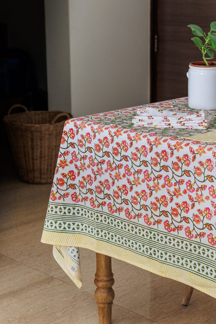 Pink Pomegranate tablecloth - 6 seater block print table cover - 60x90 inches