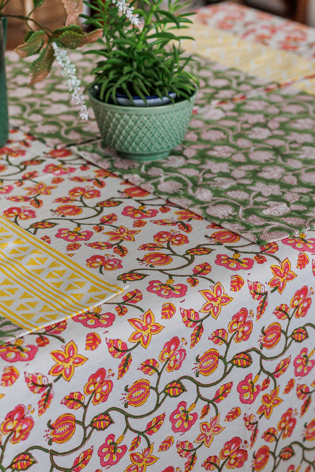 Pink Pomegranate tablecloth - 6 seater block print table cover - 60x90 inches