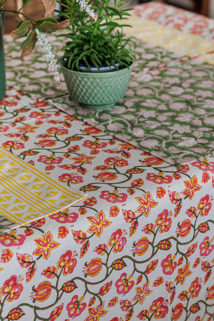 Pink Pomegranate tablecloth - 6 seater block print table cover - 60x90 inches