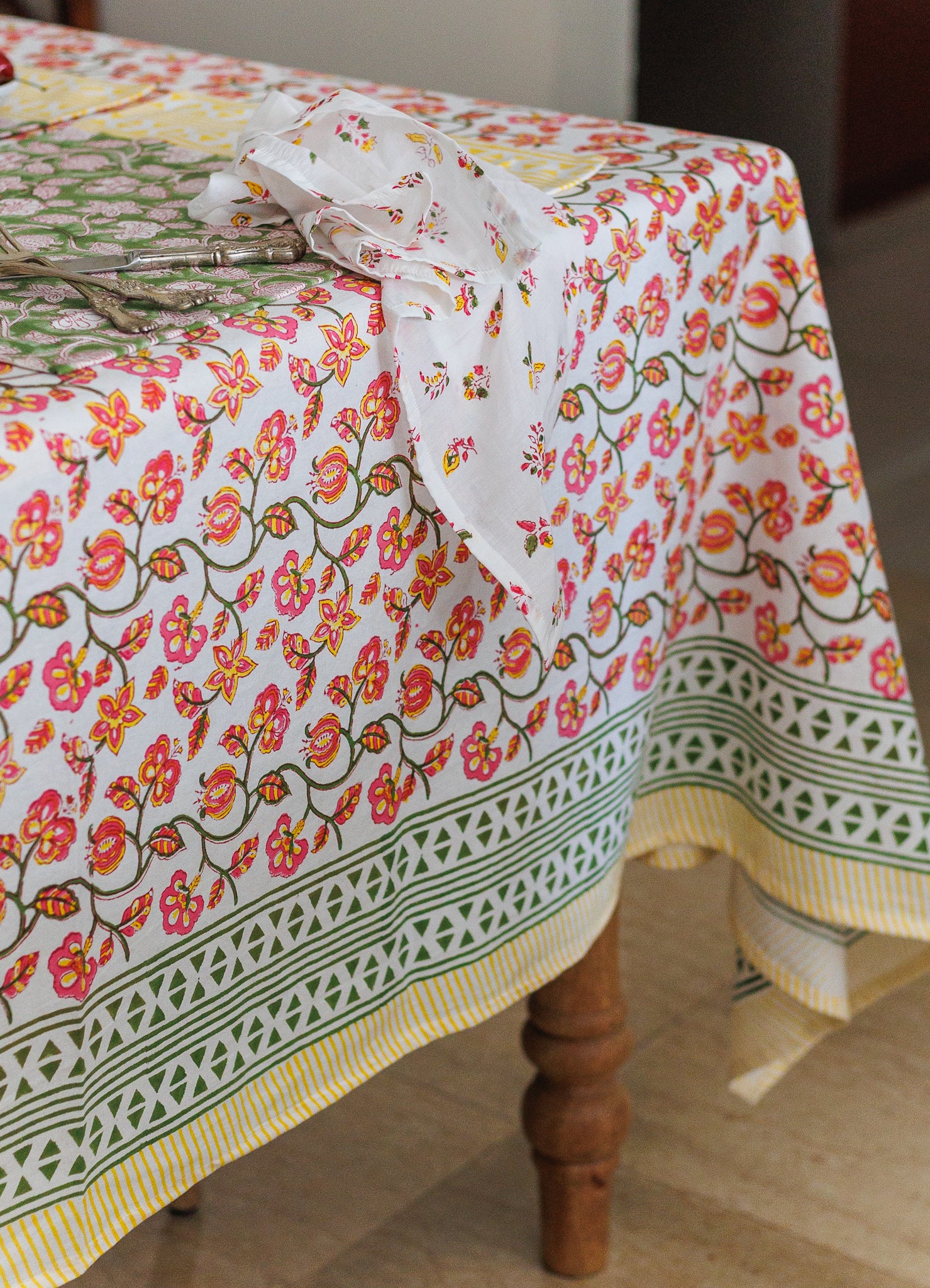 Pink Pomegranate tablecloth - 8 seater block print table cover - 60x120 inches by Kari by Kriti