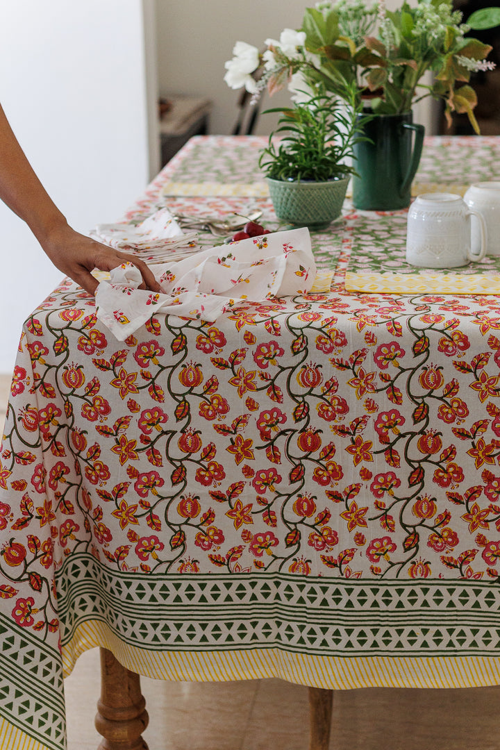 Pink Pomegranate tablecloth - 6 seater block print table cover - 60x90 inches