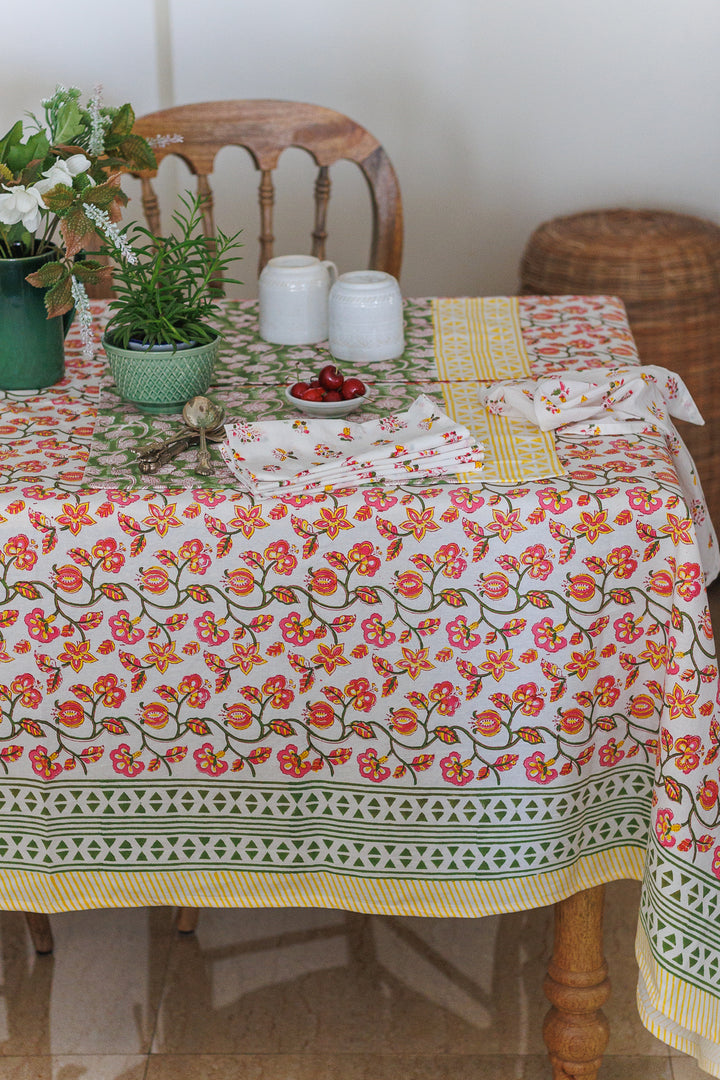 Pink Pomegranate tablecloth - 6 seater block print table cover - 60x90 inches