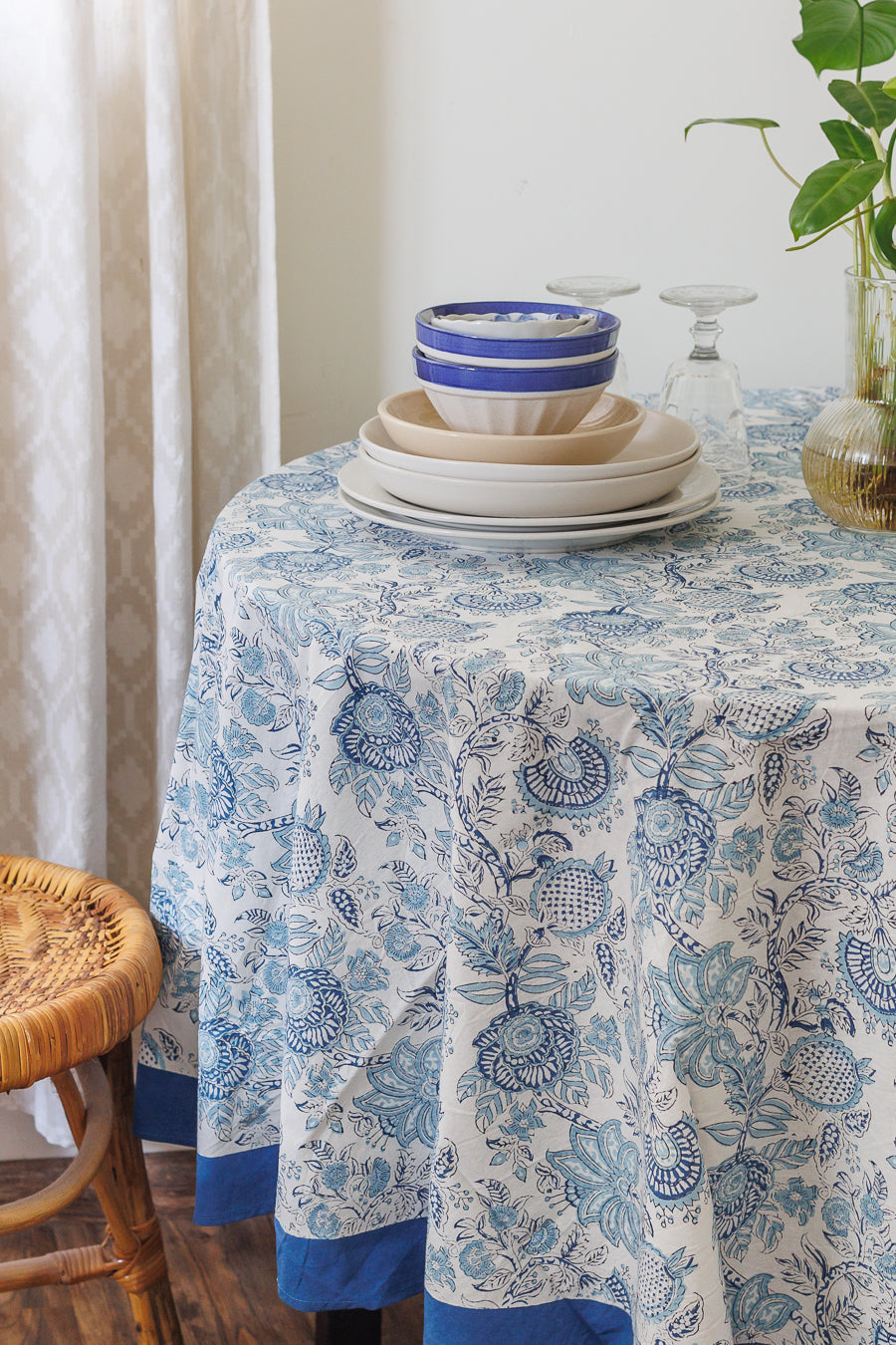 Norway Light blue Round tablecloth - 6 seater block print table cloth - Round table cover - 72 inches diameter - back view