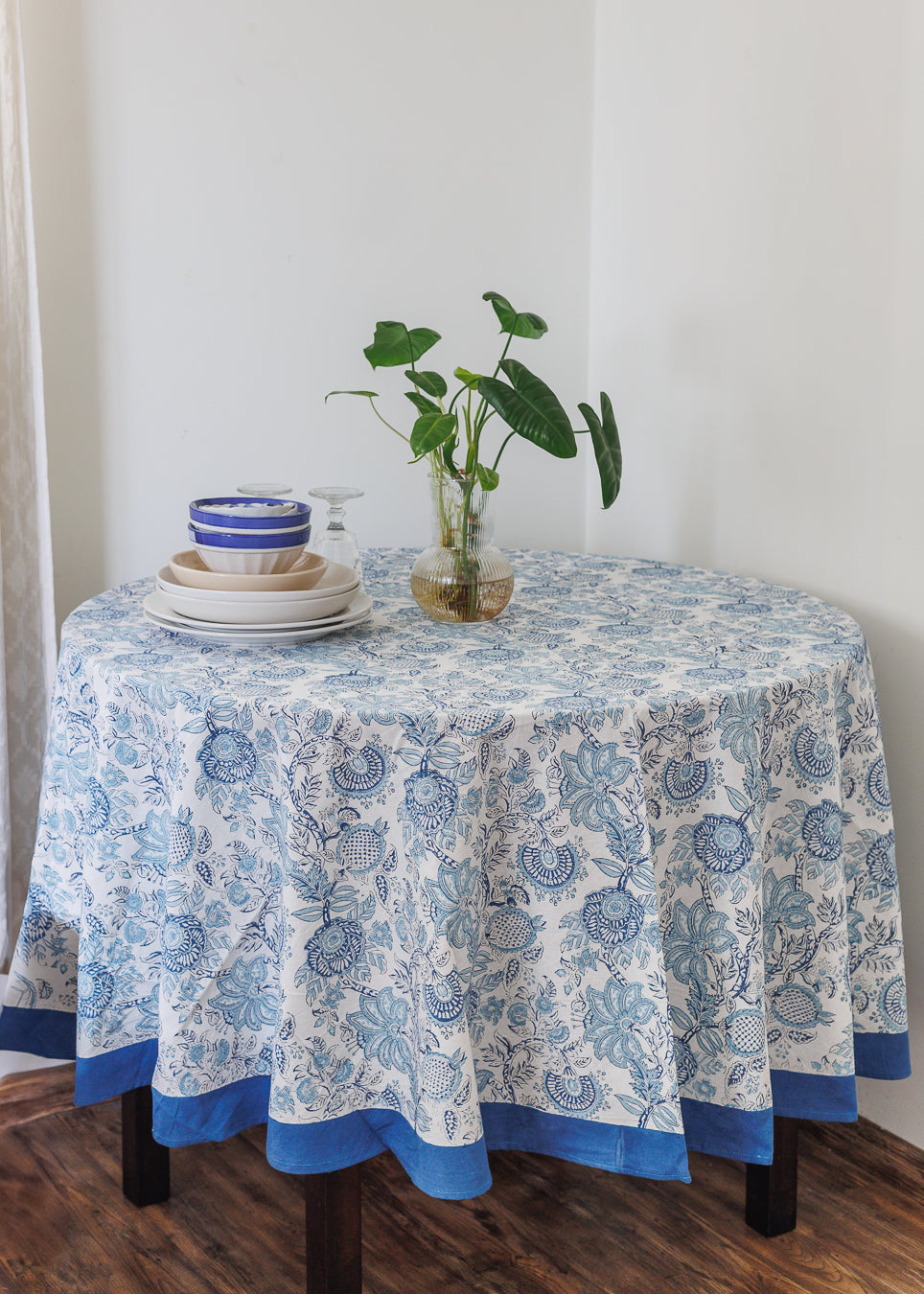 Norway Light blue Round tablecloth - 6 seater block print table cloth - Round table cover - 72 inches diameter by Kari by Kriti