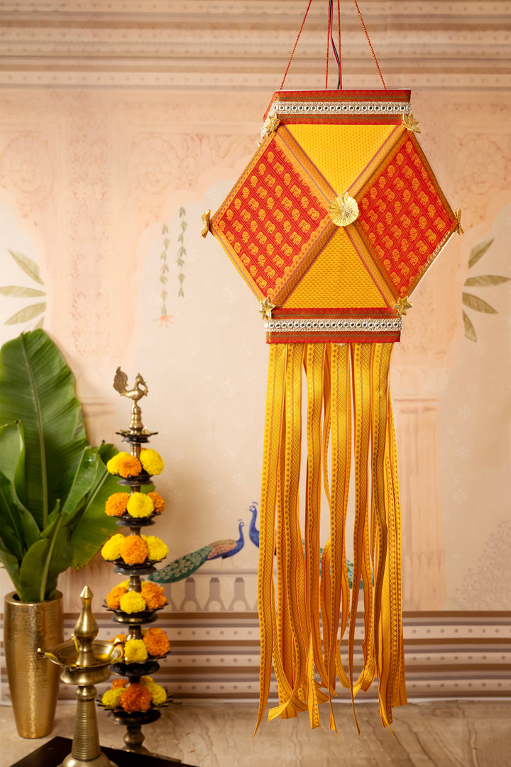 Khun Fabric Diwali Kandil - Multicolour Silk Kandil - Red &amp; Yellow