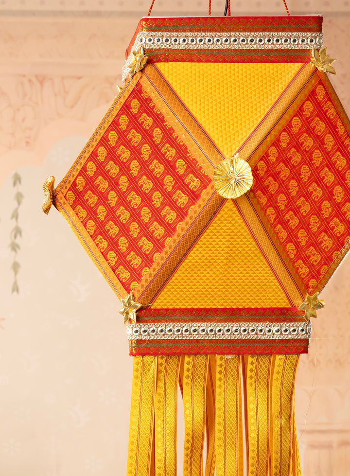 Khun Fabric Diwali Kandil - Multicolour Silk Kandil - Red &amp; Yellow