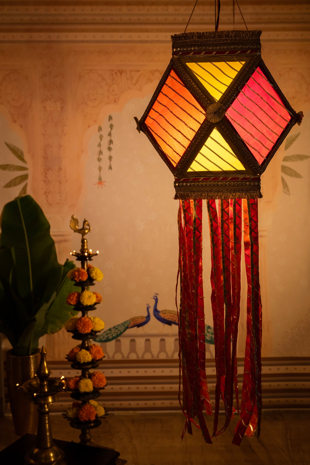 Gota Patti Diwali Kandil - Multicolour Silk Kandeel - Yellow, Orange &amp; Pink