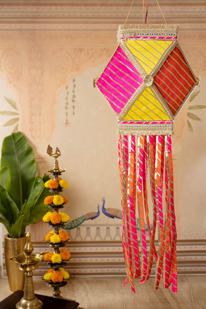 Gota Patti Diwali Kandil - Multicolour Silk Kandeel - Yellow, Orange &amp; Pink