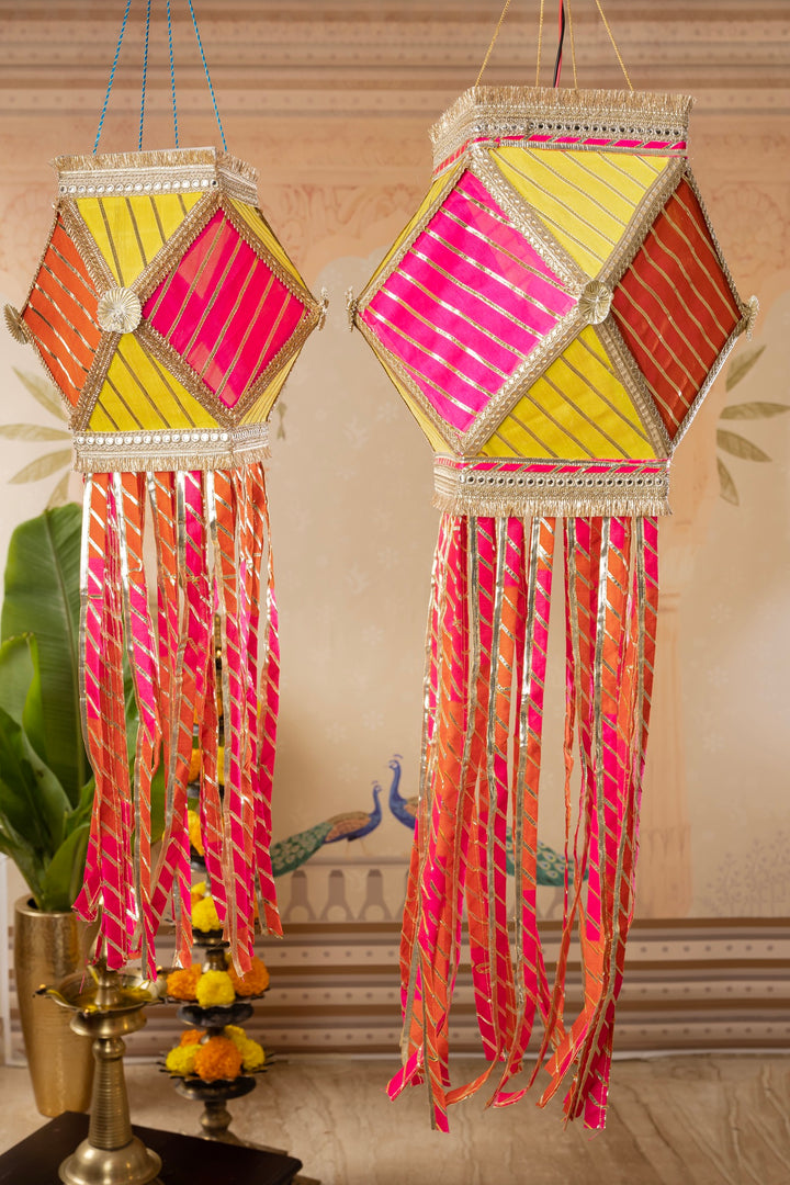 Gota Patti Diwali Kandil - Multicolour Silk Kandeel - Yellow, Orange &amp; Pink