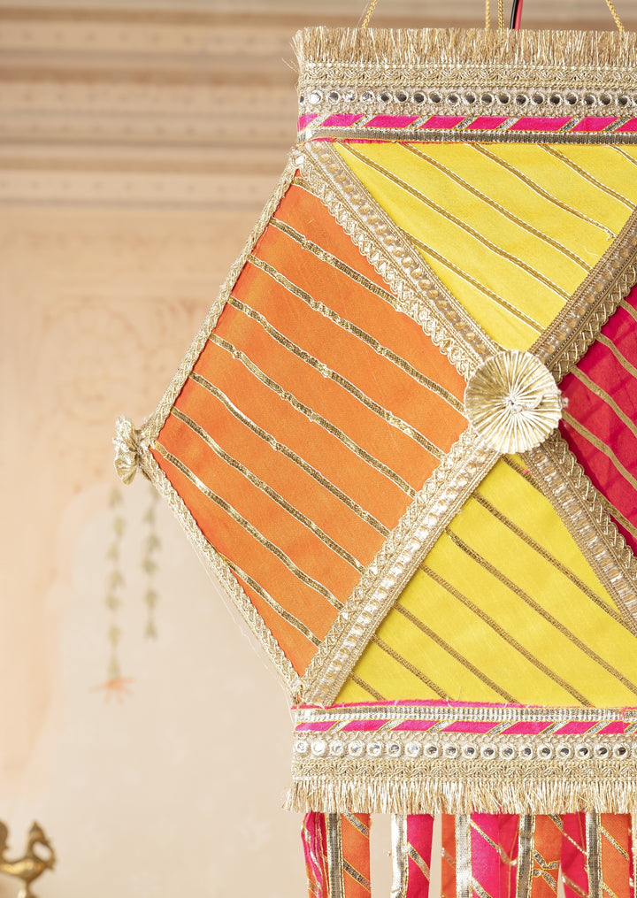 Gota Patti Diwali Kandil - Multicolour Silk Kandeel - Yellow, Orange &amp; Pink