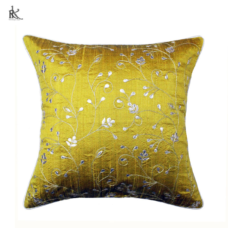 Pure silk gota Patti cushion cover - Mustard - all over embroidery cushion cover - 16x16 inches