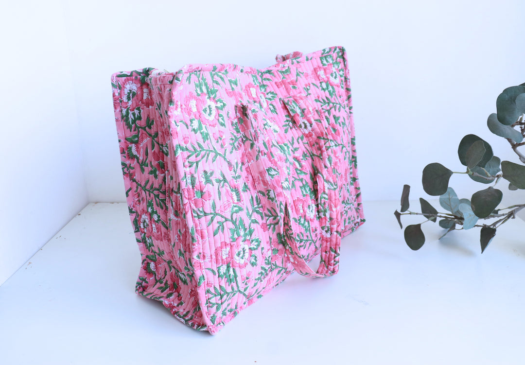 Pink floral XL quilted block print tote bag for women handmade cotton
