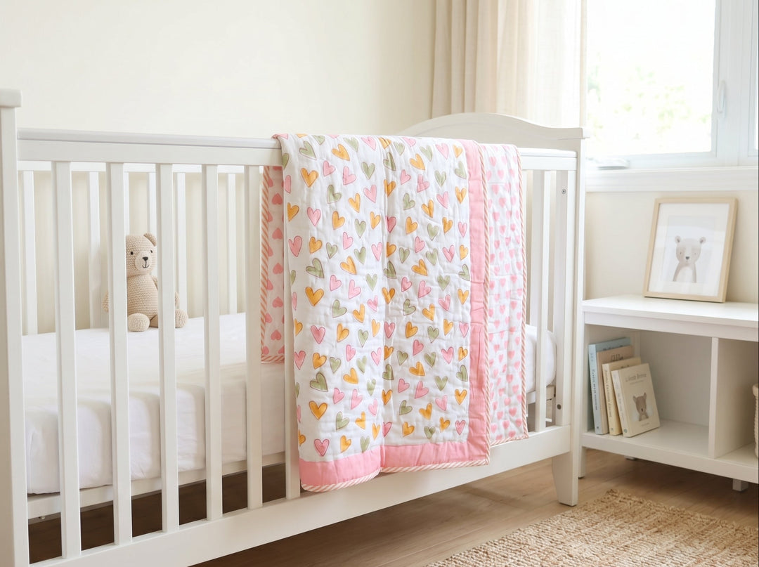 Personalized Only Love hand block printed baby quilt in soft cotton voile — Kari by Kriti
