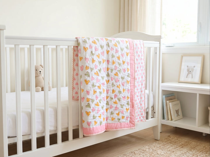 Personalized Only Love hand block printed baby quilt in soft cotton voile — Kari by Kriti