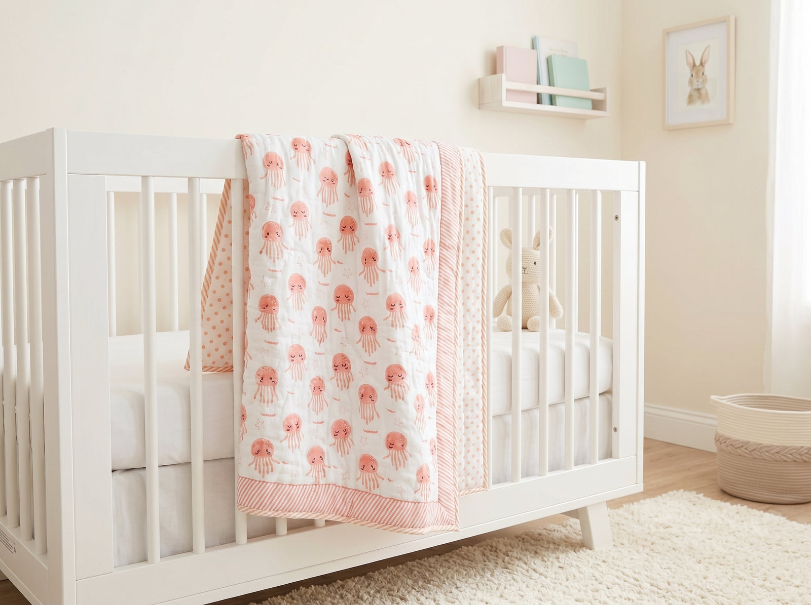 Hand block printed pink octopus personalised baby quilt with name embroidery, made in Sanganer — Kari by Kriti
