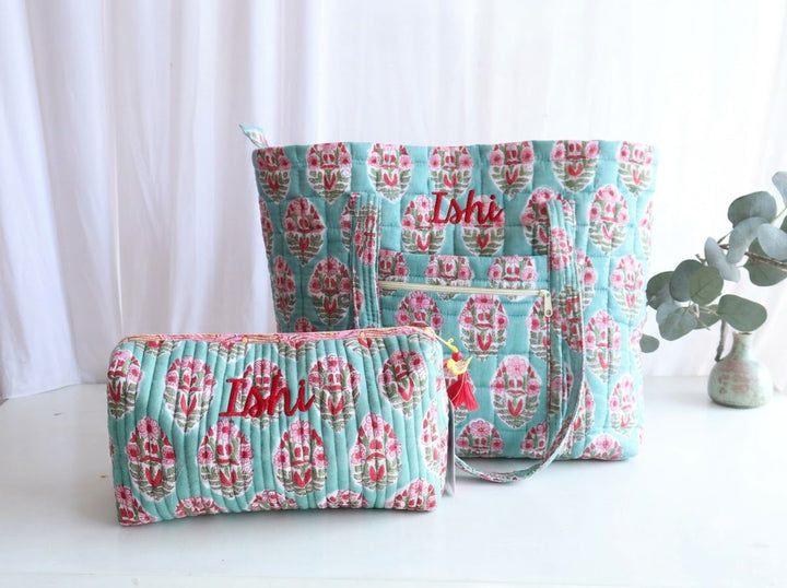 Personalised Tote &amp; Pouch Gift Set - Block Print Turquoise