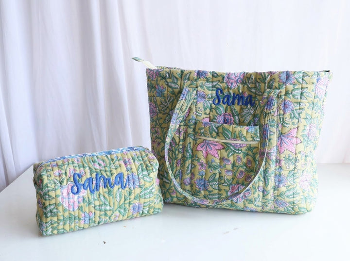 Personalised Tote &amp; Pouch Gift Set - Block Print Green