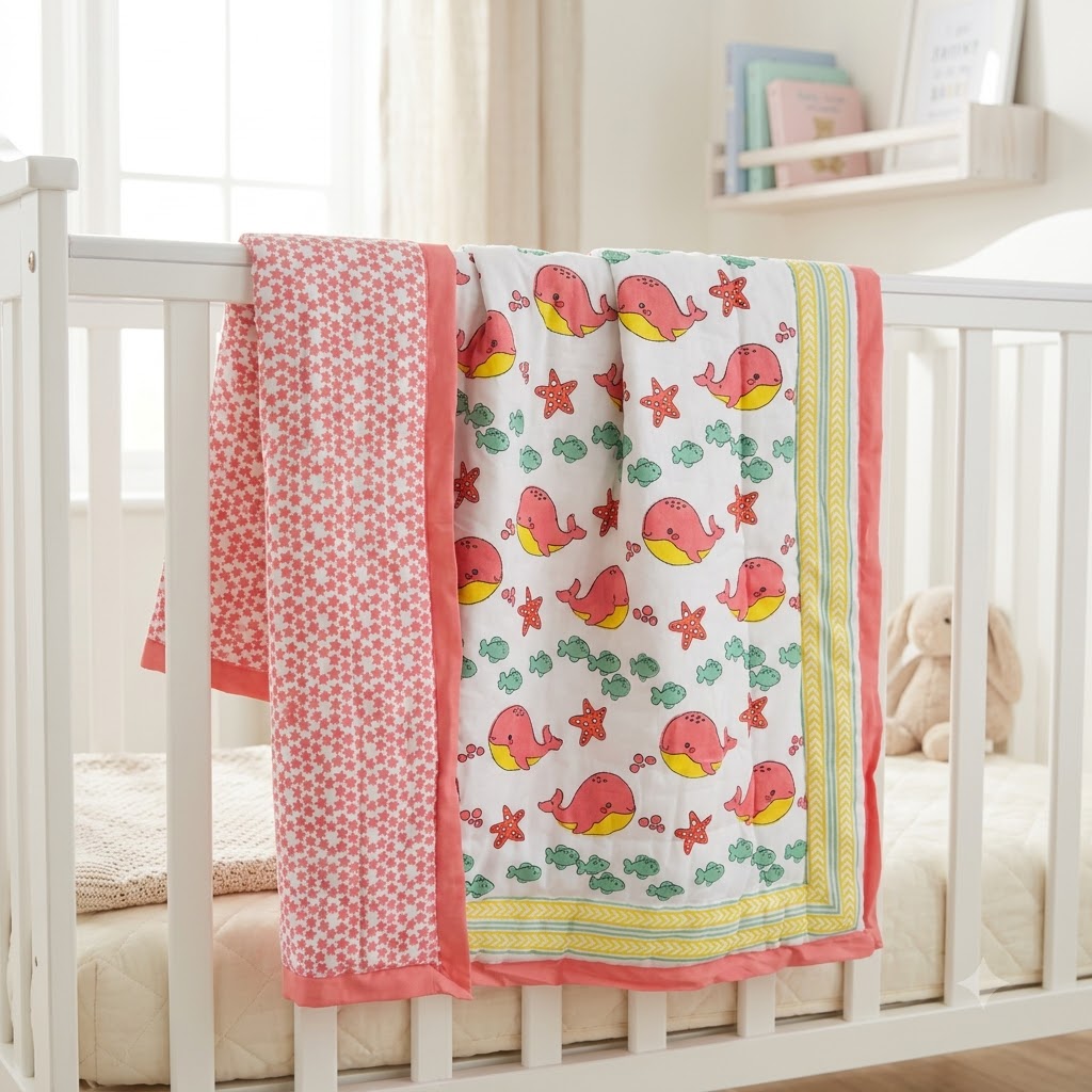 Baby &amp; Toddler Personalized Happy Whales block print quilt - Coral