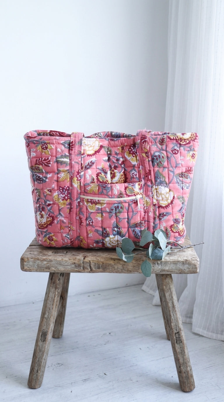 Block Print Multi Pocket Tote Bag - Terracota Floral - Quilted Women&