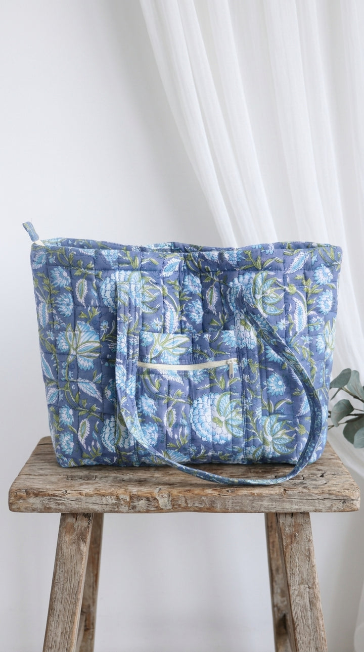 Block Print Multi Pocket Tote Bag - Blue Floral - Quilted Women&