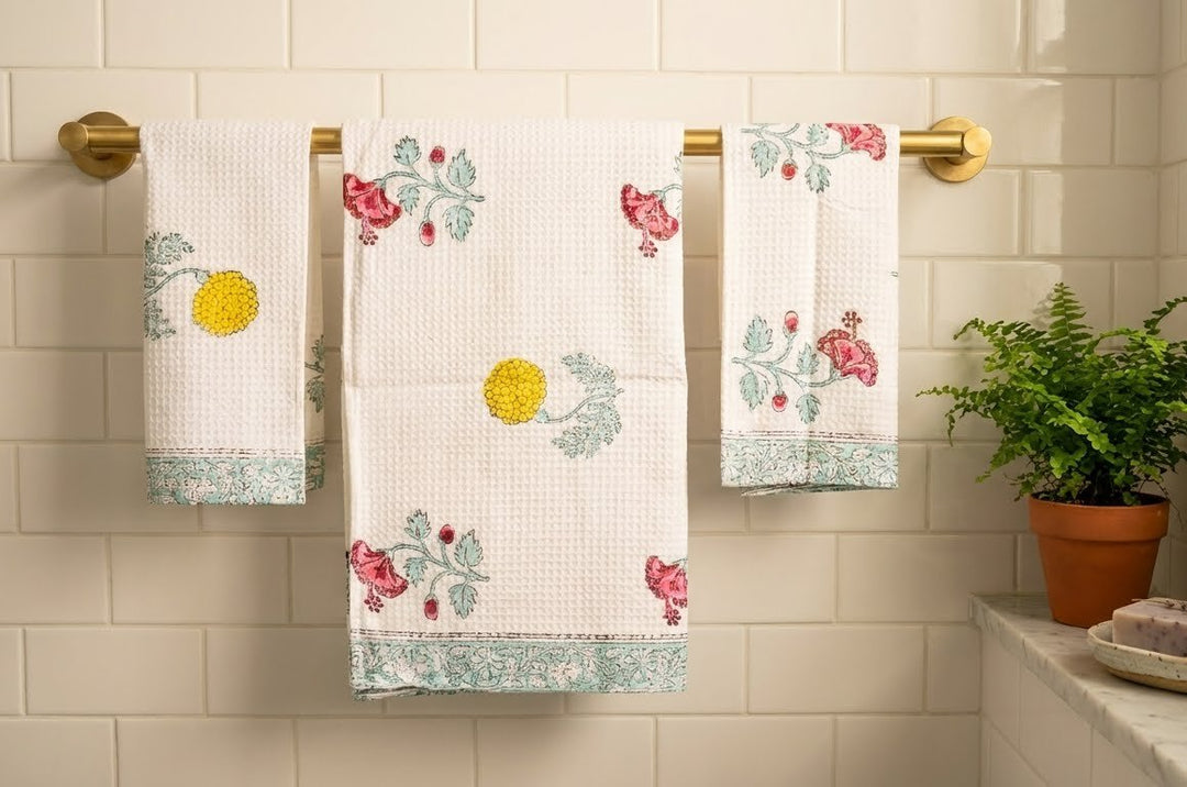 Multicolour Floral Block Print Towel Gift Set - Waffle Cotton Bath and Hand Towels
