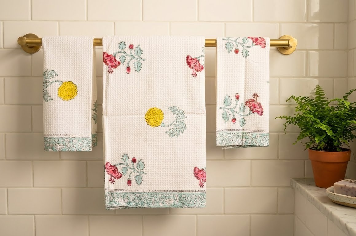 Multicolour Floral Block Print Towel Gift Set - Waffle Cotton Bath and Hand Towels