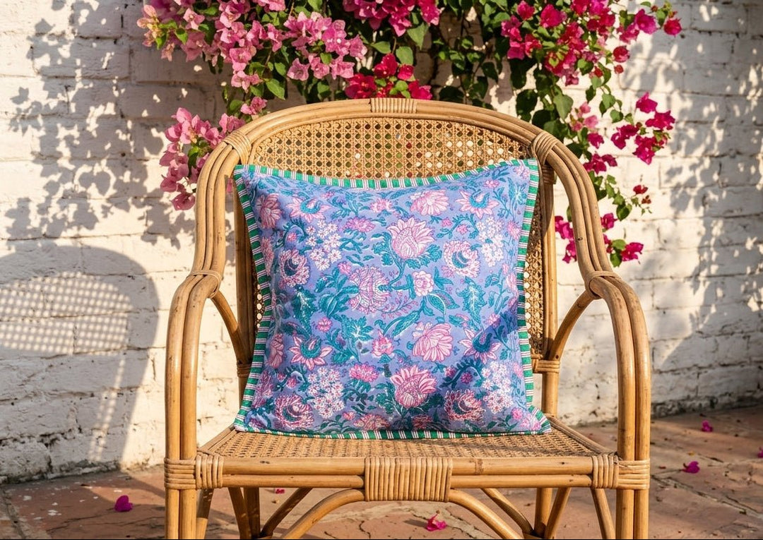Light Blue Floral Cushion Cover - Hand block print - Decorative Cushions by Kari by Kriti
