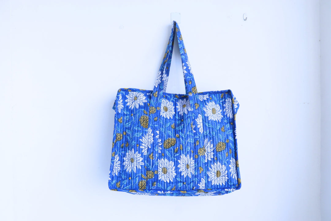 Blue garden print XL quilted block print tote bag handmade cotton
