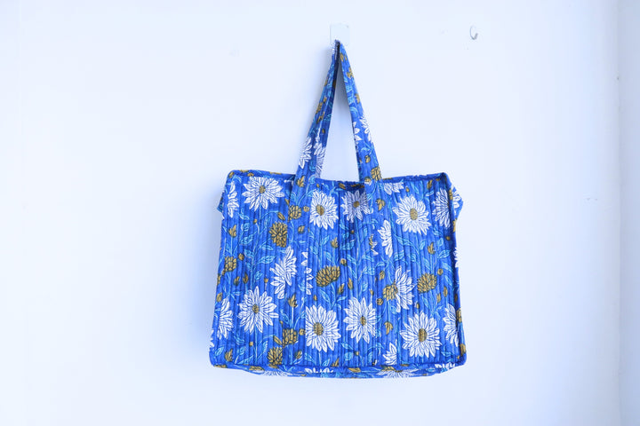 Blue garden print XL quilted block print tote bag handmade cotton
