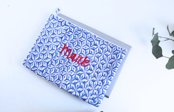 Personalized Block Print Laptop Sleeve - 13, 14 & 15 inch - Blue Geometric - Laptop Sleeve by Kari by Kriti