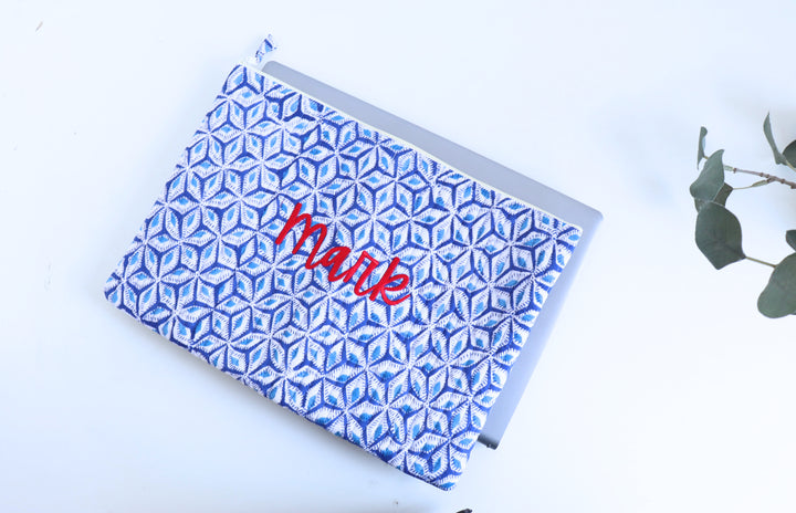 Personalized Block Print Laptop Sleeve - 13, 14 &amp; 15 inch - Blue Geometric - Laptop Sleeve by Kari by Kriti