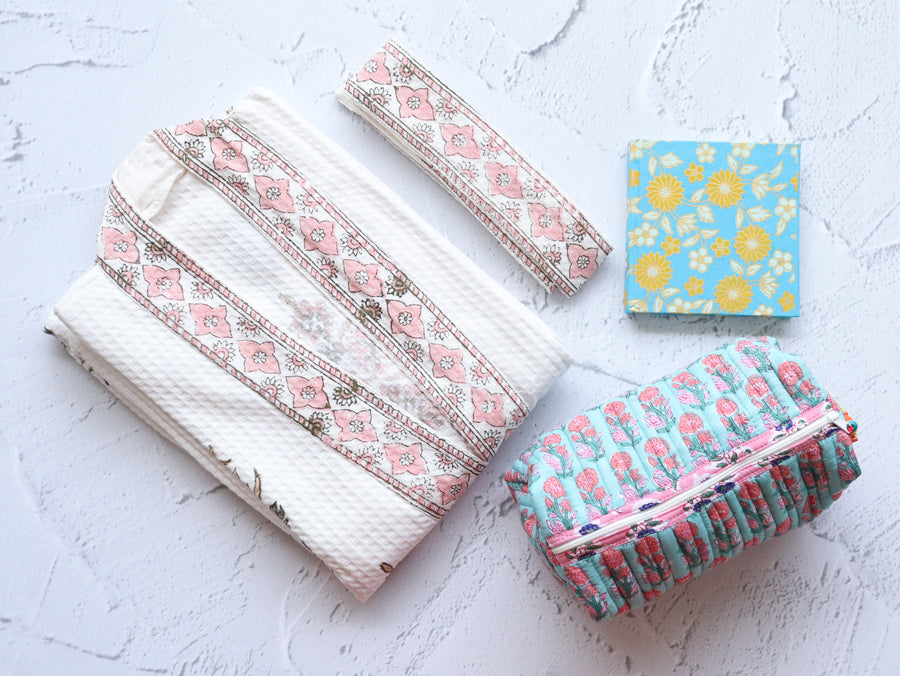 Bridesmaid spa robe gift pack with cosmetic pouch and diary
